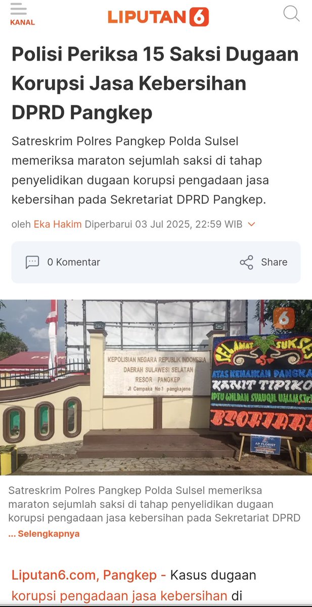 Dugaan korupsi pengadaan jasa kebersihan di Sekretariat DPRD Pangkep, diselidiki, Hingga kini, sebanyak 15 orang saksi telah dimintai keterangan oleh penyidik Polres Pangkep

liputan6.com/regional/read/…