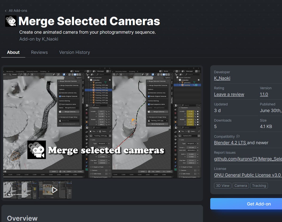 4つ目も無事一度の修正でExtensions承認された。

RealityScanなどのフォトグラソフトをマッチムーブに使うためのカメラマージAddon。以前作ってMatchmove Stationで公開してたものをブラッシュアップしました。
結構普段の仕事でも活用してます。
extensions.blender.org/add-ons/merge-…