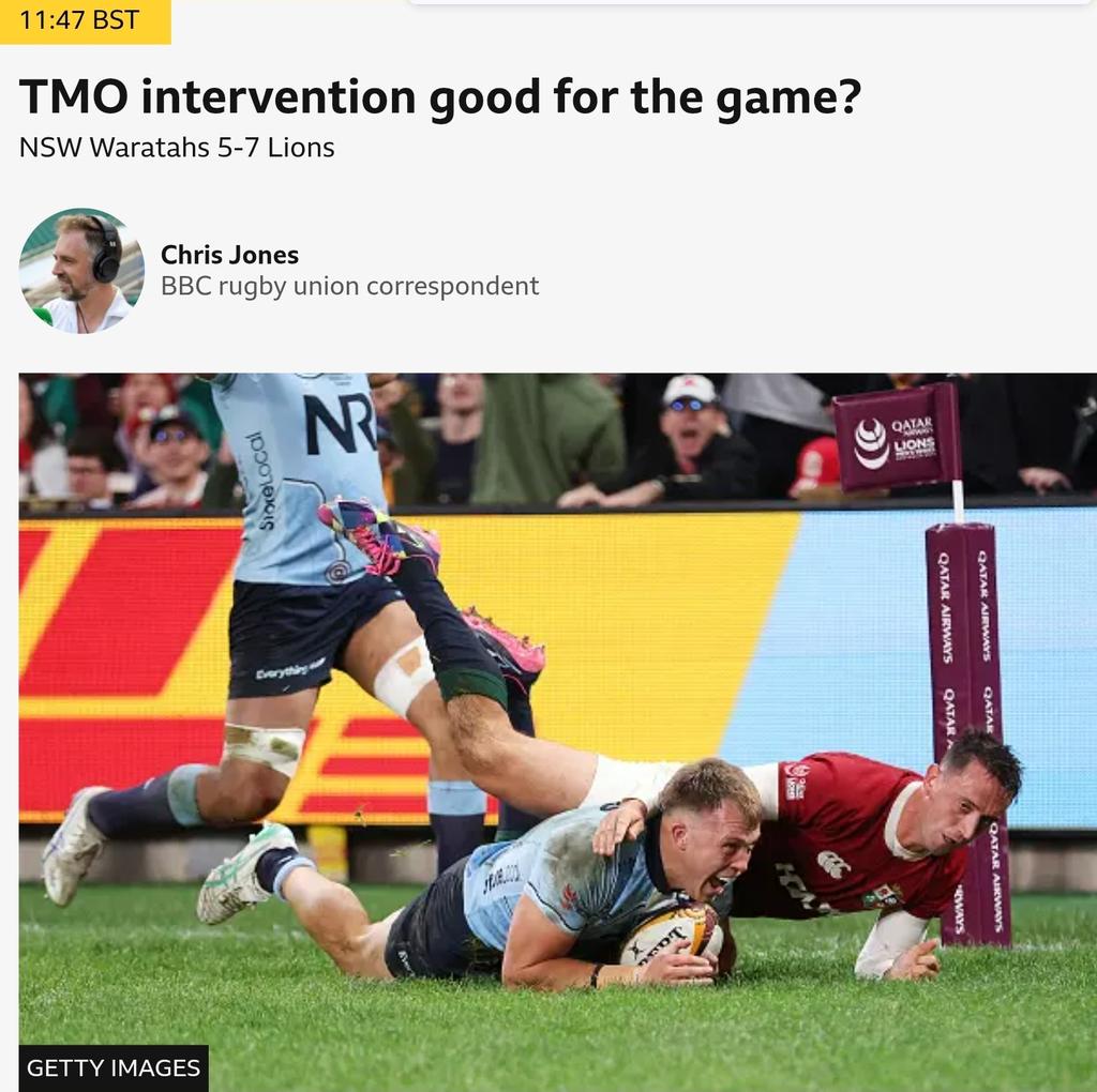 Indeed. Have my doubts about the TMO in #LionsvWaratahs #lionsrugby. 

But everyone will have a view for sure.

WAR 10 LIONS 14 49min 30secs thus far.