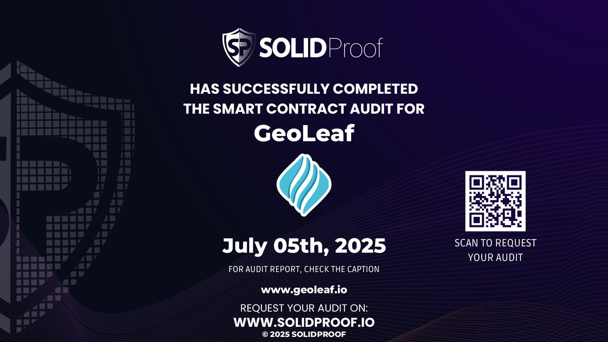 We have finished the smart contract audit process for <a href="/GeoLeafToken/">GeoLeaf</a>🛡️

📷Check our findings and security score here:
app.solidproof.io/projects/geole…

Need a Smart contract audit, KYC or development support? Send us a message, our sales team will gladly make a customized offer for you!