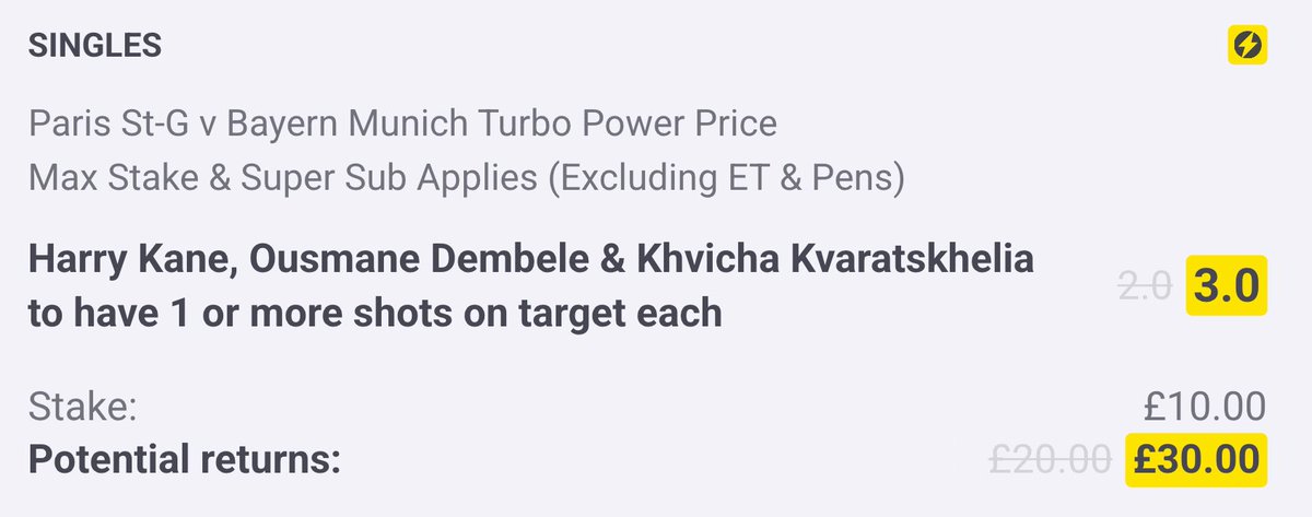 AndyRobsonTips's tweet photo. ⚡️ Here’s my favourite Super Boost today. 

Load bet: https://t.co/OmcVyMIxjV

📝 Research:

2/1 is a great price for this boost, it's far superior to any other price you'll find if you shop around. Plus it's also covered by Super Sub.

1️⃣ Harry Kane is averaging 1.25 shots on target per 90 minutes at the Club World Cup and he has had at least one on target in all three starts so far.

He had two shots on target in Bayern's last match against Flamengo. Those two shots on target led to goals and he is now up to three in total.

2️⃣ Kvaratskhelia is the least-likely to have a shot on target just based on the odds, however his record during this tournament has been solid.

He goes into the match v Bayern averaging 1.71 shots on target per 90 and he has had at least one shot on target in all four games. His record for efforts on target is 2, 1, 2, 1.

3️⃣ Prior to the Club World Cup, Ousmane Dembele had a shot on target in ten successive matches for club and country before picking up an injury.

He returned for a run out in PSG's last match against Inter Miami and he played 29 minutes without a shot on target. It's a huge game v Bayern but there's no confirmation he'll start.

He is predicted to but it might be worth waiting until lineups are announced. If he starts, I'd expect him to hurt Bayern who are vulnerable at the back and get closer to winning the Ballon d'Or.

18+, Gamble Responsibly.