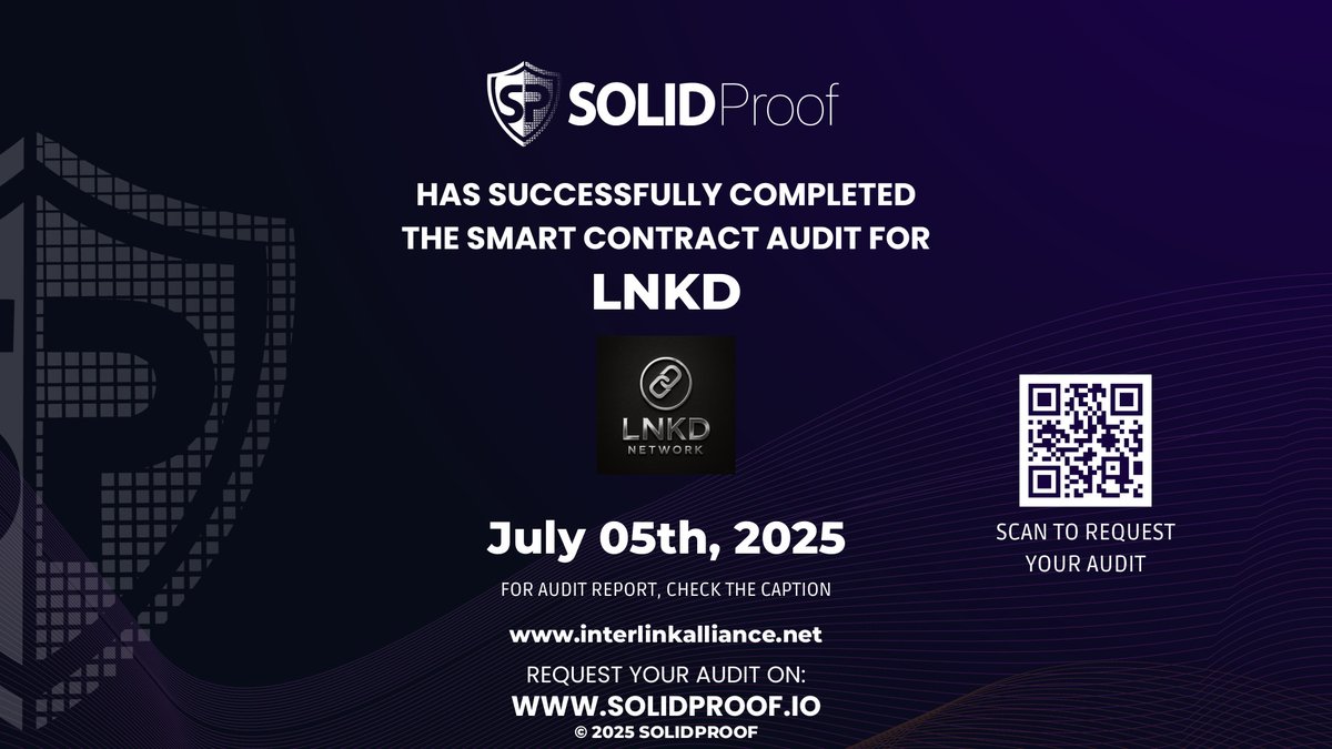 We have finished the smart contract audit process for <a href="/InterLinkAll/">InterLink</a>🛡️

📷Check our findings and security score here:
app.solidproof.io/projects/lnkd

Need a Smart contract audit, KYC or development support? Send us a message, our sales team will gladly make a customized offer for you!
