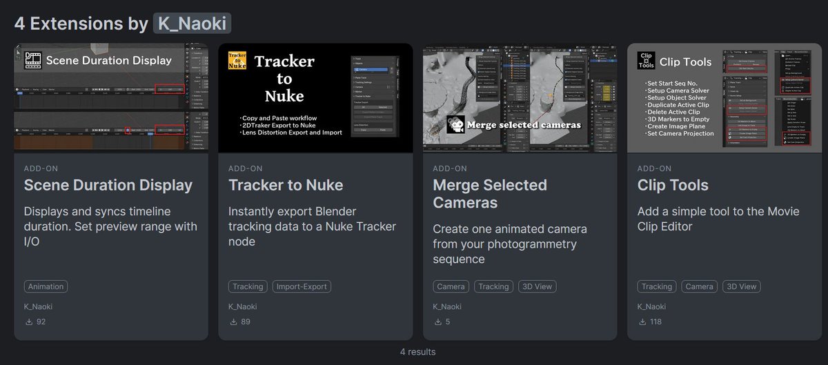 全部承認されたのであらためて、
4つのBlender AddonをExtensionsにて公開しました。マッチムーブ寄りのものばかりですが普段仕事で使ってるものを改修したものです。良ければ使ってみてください。
extensions.blender.org/author/12860/