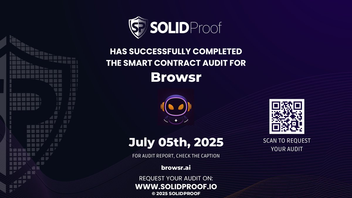 We have finished the smart contract audit process for <a href="/BrowsrAi/">Browsr Ai</a>🛡️

📷Check our findings and security score here:
app.solidproof.io/projects/browsr

Need a Smart contract audit, KYC or development support? Send us a message, our sales team will gladly make a customized offer for you!
