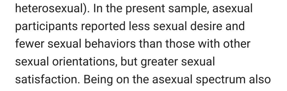 На фоне играет «Если у вас нету тёти»

«В представленной выборке участники-асексуалы сообщили о меньшем сексуальном желании и меньшем сексуальном поведении, чем участники с другой сексуальной ориентацинй, но о большем сексуальном удовлетворении.»