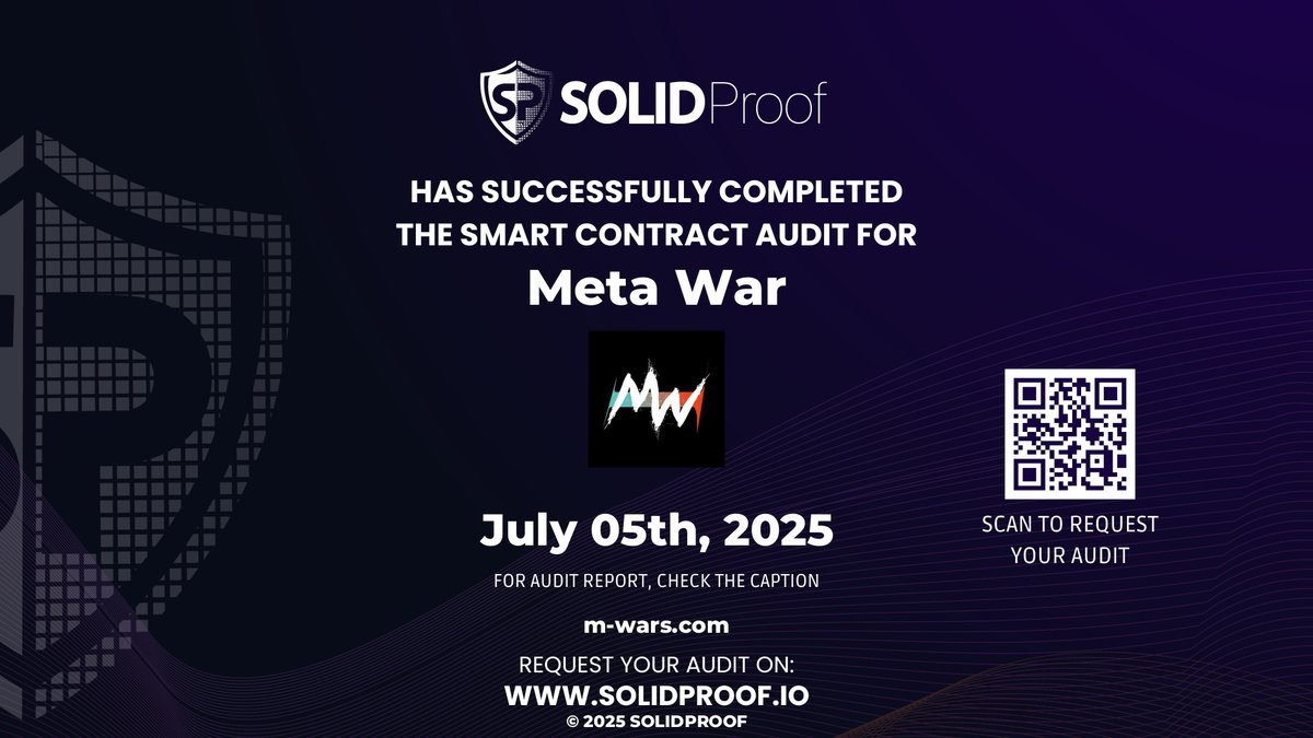 SolidProof.io Daily (@solidproof_news) on Twitter photo We have finished the smart contract audit process for <a href="/Mwar_Official/">META WAR : Pepe Vs Doge</a>🛡️
📷Check our findings and security score here:
app.solidproof.io/projects/meta-…
Need a Smart contract audit, KYC or development support? Send us a message, our sales team will gladly make a customized offer for you! We have finished the smart contract audit process for <a href="/Mwar_Official/">META WAR : Pepe Vs Doge</a>🛡️
📷Check our findings and security score here:
app.solidproof.io/projects/meta-…
Need a Smart contract audit, KYC or development support? Send us a message, our sales team will gladly make a customized offer for you!