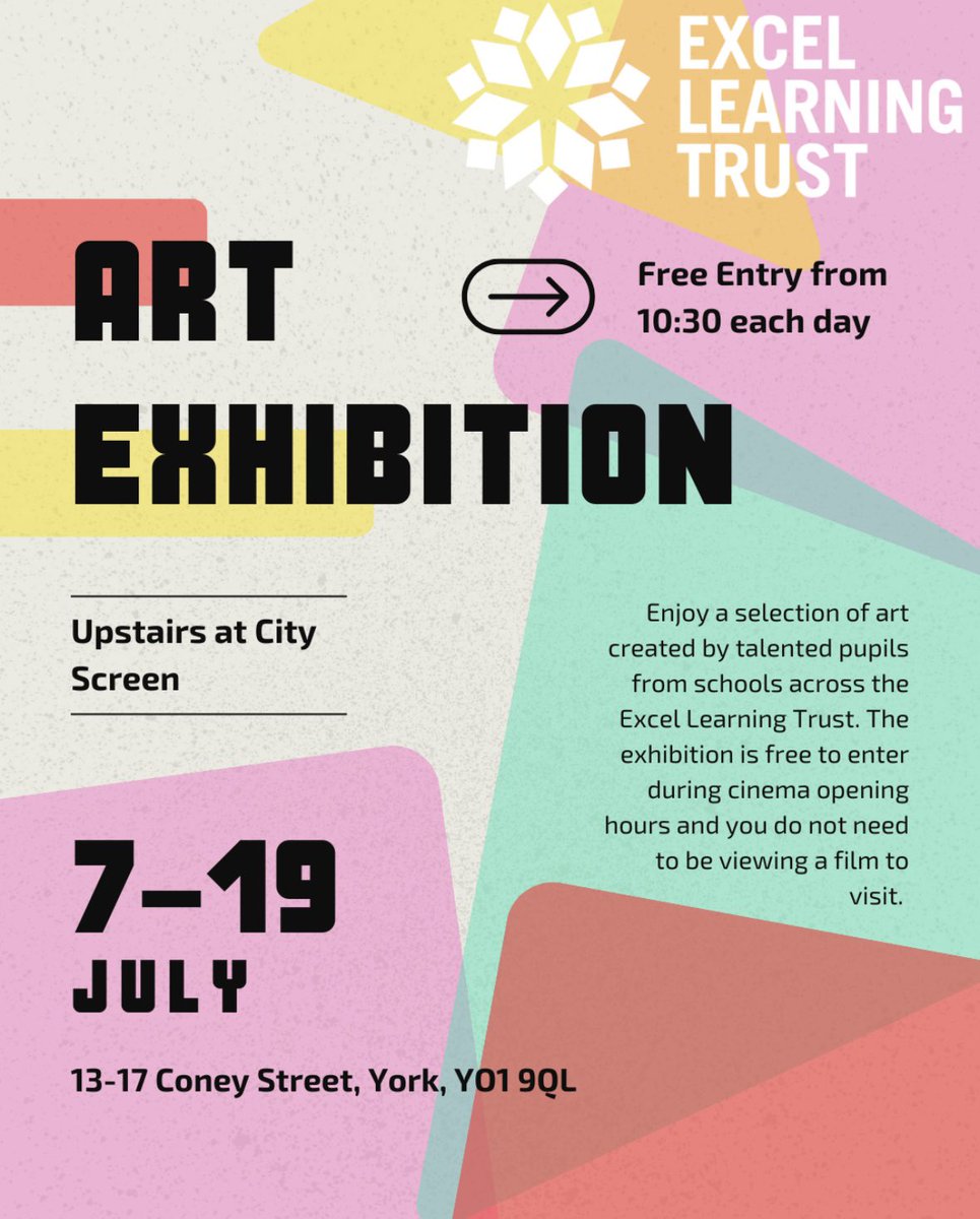 Excel Learning Trust (@excel_lt) on Twitter photo đ¨â¨ Unleashing creativity! Join us at <a href="/CityScreenYork/">City Screen York</a> from Sunday 6th July and experience the incredible talent of our young artists. From bold brushstrokes to imaginative expressions, their work will inspire and amaze. đď¸đźď¸ đ¨â¨ Unleashing creativity! Join us at <a href="/CityScreenYork/">City Screen York</a> from Sunday 6th July and experience the incredible talent of our young artists. From bold brushstrokes to imaginative expressions, their work will inspire and amaze. đď¸đźď¸