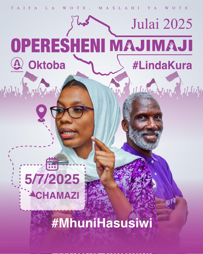 ACTWazalendo (@actwazalendo) on Twitter photo Operesheni Maji Maji imeingia Jimbo la Chamazi Jijini Dar es salaam.
Naibu Katibu Mkuu Bara Mstaafu, <a href="/joran_bashange/">Joran Bashange</a> na Naibu Katibu <a href="/NgomeyaVijana/">Ngome ya vijana_Official</a> Taifa, <a href="/RuqayyaNassir/">Ruqayya Mahmoud Nassir</a>
Oktoba #LindaKura
#MuhuniHasusiwi
<a href="/ACTwazalendo/">ACTWazalendo</a> Operesheni Maji Maji imeingia Jimbo la Chamazi Jijini Dar es salaam.
Naibu Katibu Mkuu Bara Mstaafu, <a href="/joran_bashange/">Joran Bashange</a> na Naibu Katibu <a href="/NgomeyaVijana/">Ngome ya vijana_Official</a> Taifa, <a href="/RuqayyaNassir/">Ruqayya Mahmoud Nassir</a>
Oktoba #LindaKura
#MuhuniHasusiwi
<a href="/ACTwazalendo/">ACTWazalendo</a>