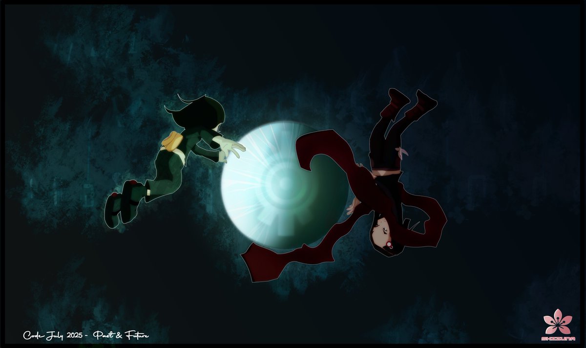 Amarylis_Chan's tweet image. JULY 1st - Past / Future.

I rushed this one. BUT. 
I’ve got four more coming.  

Until then, enjoy both past and future versions of Yumi ! (and yes, I snuck in some Lyoko outfit details into her clothes hehe)  

#codejuly #codelyoko