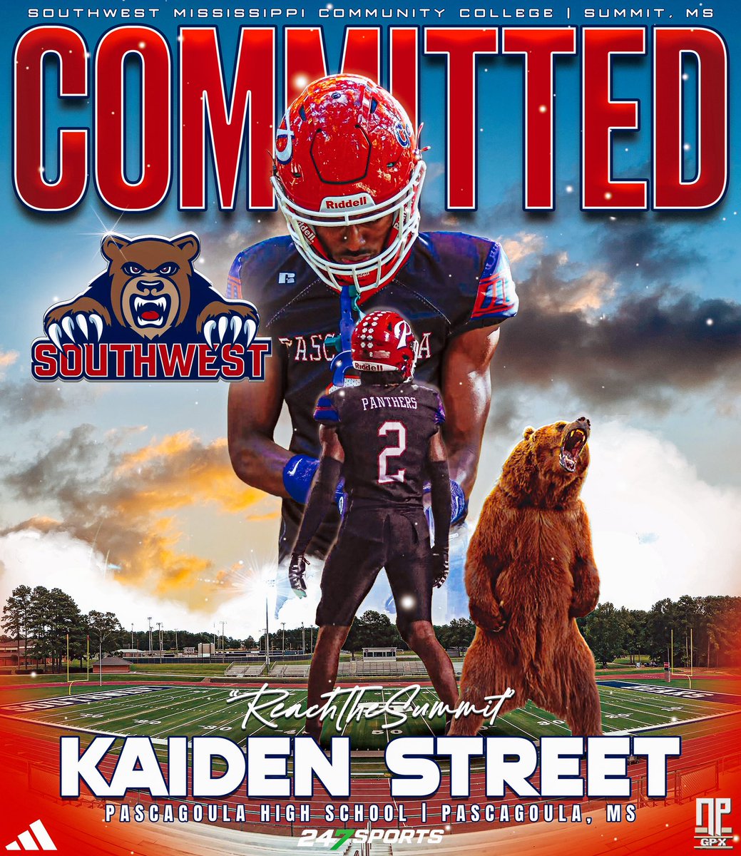 NPGPX Design (@nathanpurvis) on Twitter photo Kaiden Street (<a href="/kj_is_a_DB/">Kaiden.Street</a>), the class of 2026 defensive back from Pascagoula High School (Pascagoula, MS), has committed to Southwest Mississippi Community College. #ReachTheSummit 🐻 Kaiden Street (<a href="/kj_is_a_DB/">Kaiden.Street</a>), the class of 2026 defensive back from Pascagoula High School (Pascagoula, MS), has committed to Southwest Mississippi Community College. #ReachTheSummit 🐻