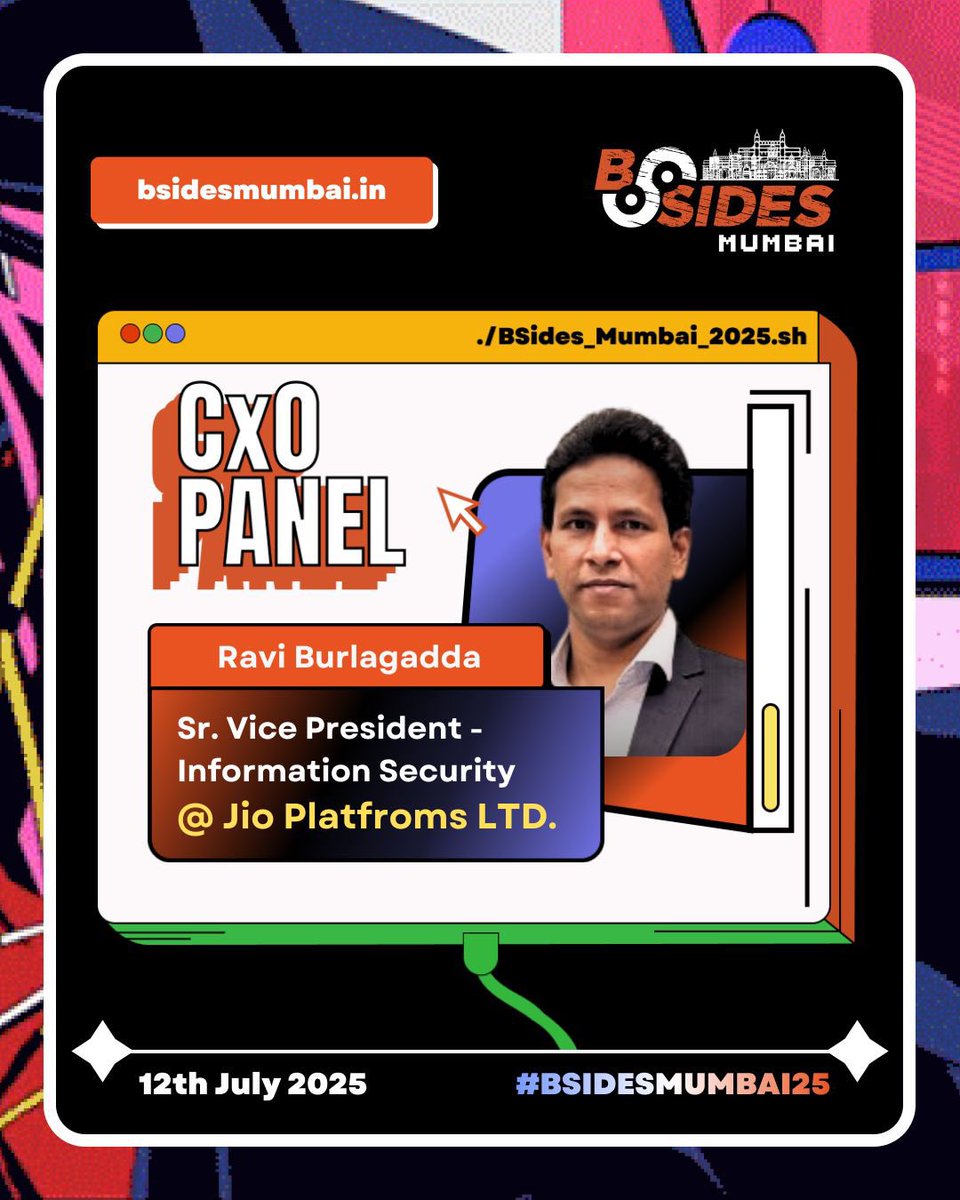 BSides Mumbai (@bsidesmumbai) on Twitter photo Thrilled to have <a href="/RaviBurlagadda/">Ravi Prakash V Burlagadda</a> , SVP - InfoSec at Jio Platforms, back at #BSidesMumbai25 for our CXO Panel! Don’t miss his powerful insights.
📅 12 July 2025
Ravindra Natya Mandir, Mumbai
Register: bsidesmumbai.in
#CyberSecurity #InfoSec #CXOPanel #BSidesMumbai2025 Thrilled to have <a href="/RaviBurlagadda/">Ravi Prakash V Burlagadda</a> , SVP - InfoSec at Jio Platforms, back at #BSidesMumbai25 for our CXO Panel! Don’t miss his powerful insights.
📅 12 July 2025
Ravindra Natya Mandir, Mumbai
Register: bsidesmumbai.in
#CyberSecurity #InfoSec #CXOPanel #BSidesMumbai2025