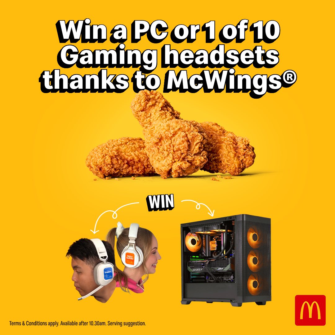 To celebrate the launch of McWings, we’re giving away an EPIC PC (5080 + Ryzen 9) + 10x Corsair headsets for runners-up! 🎮
To enter:

🍗 Grab a McWings meal
📸 Snap a creative pic
📝 In 25 words: fave sauce &amp; why
✅ Aussie legend?
✅ Accept T&amp;C
👉 maccasmcwingspromo.com.au