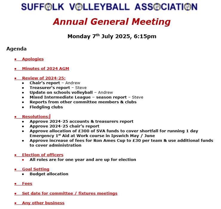 Our AGM will be online from 6:15pm on Monday. 

It will be an opportunity to review the last year, make some changes, elect a new committee and set goals for next year.

Full details @ suffolkvolleyball.org.uk/home/meetings-….

Interested in joining the committee? Feel free to contact us :-)