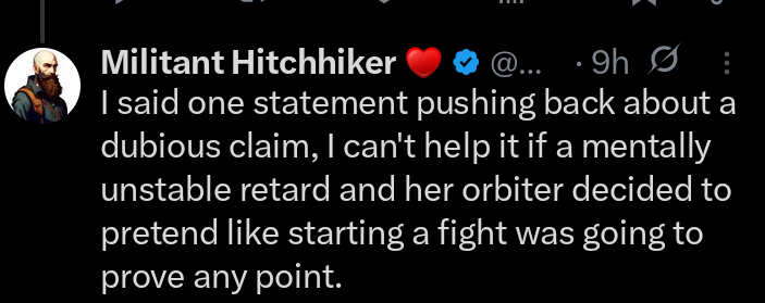 <a href="/MilitantAI/">Militant Hitchhiker ♥</a> 
<a href="/MysticalMaven/">Fanny Adams' Ghost</a> 
<a href="/elonmusk/">Elon Musk</a> 
Does this seem fair?
How is it that Fanny is the one getting suspended and locked meanwhile the man who called her a cunt is fine? How is that fair?