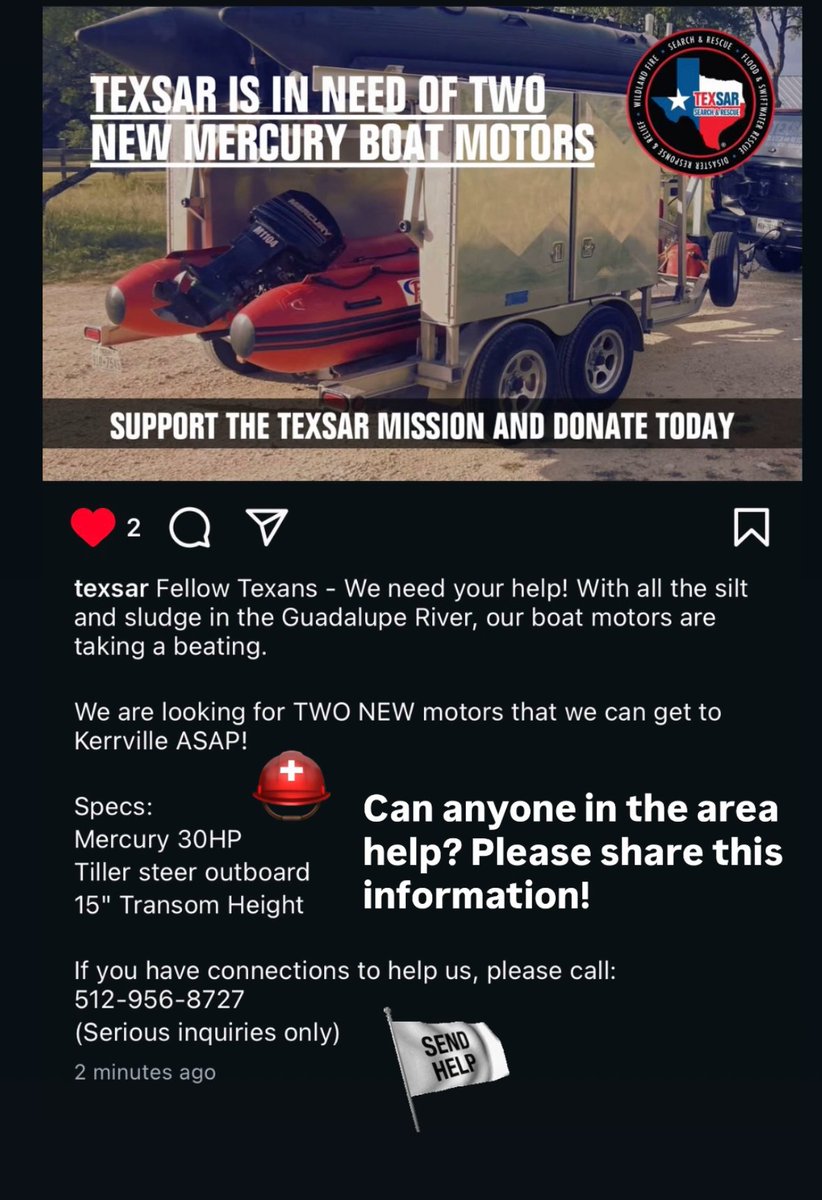 TEXSAR needs two Mercury boat motors to commence rescue operations. Posting  for visibility! <a href="/TEXSAR1/">TEXSAR</a> <a href="/TracesofTexas/">Traces of Texas</a> <a href="/DocumentingATX/">Pulsus Localis - ATX (DASH)</a>