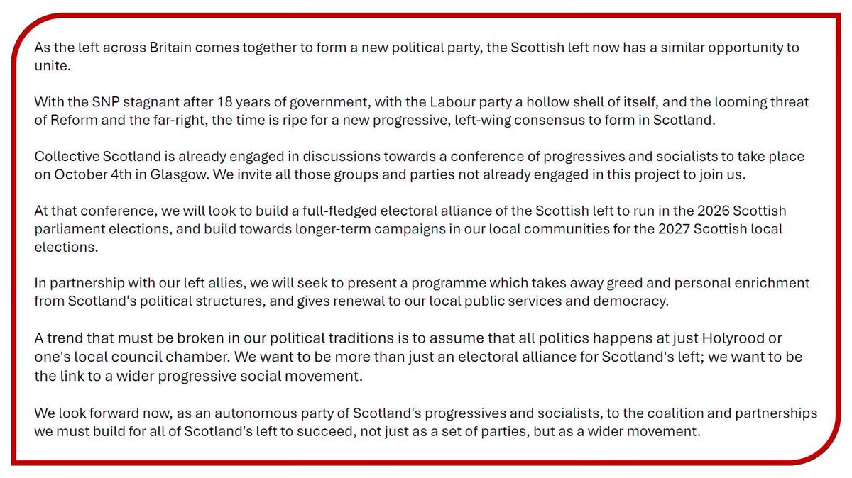 ScottishTUSC's tweet image. We have been asked by Collective Scotland's Interim Secretariat, who we have been cooperating with in organising the Saturday October 4 conference (see pinned post), to publish their response to the announcement of a new party by Jeremy Corbyn and Zarah Sultana. (see image below)