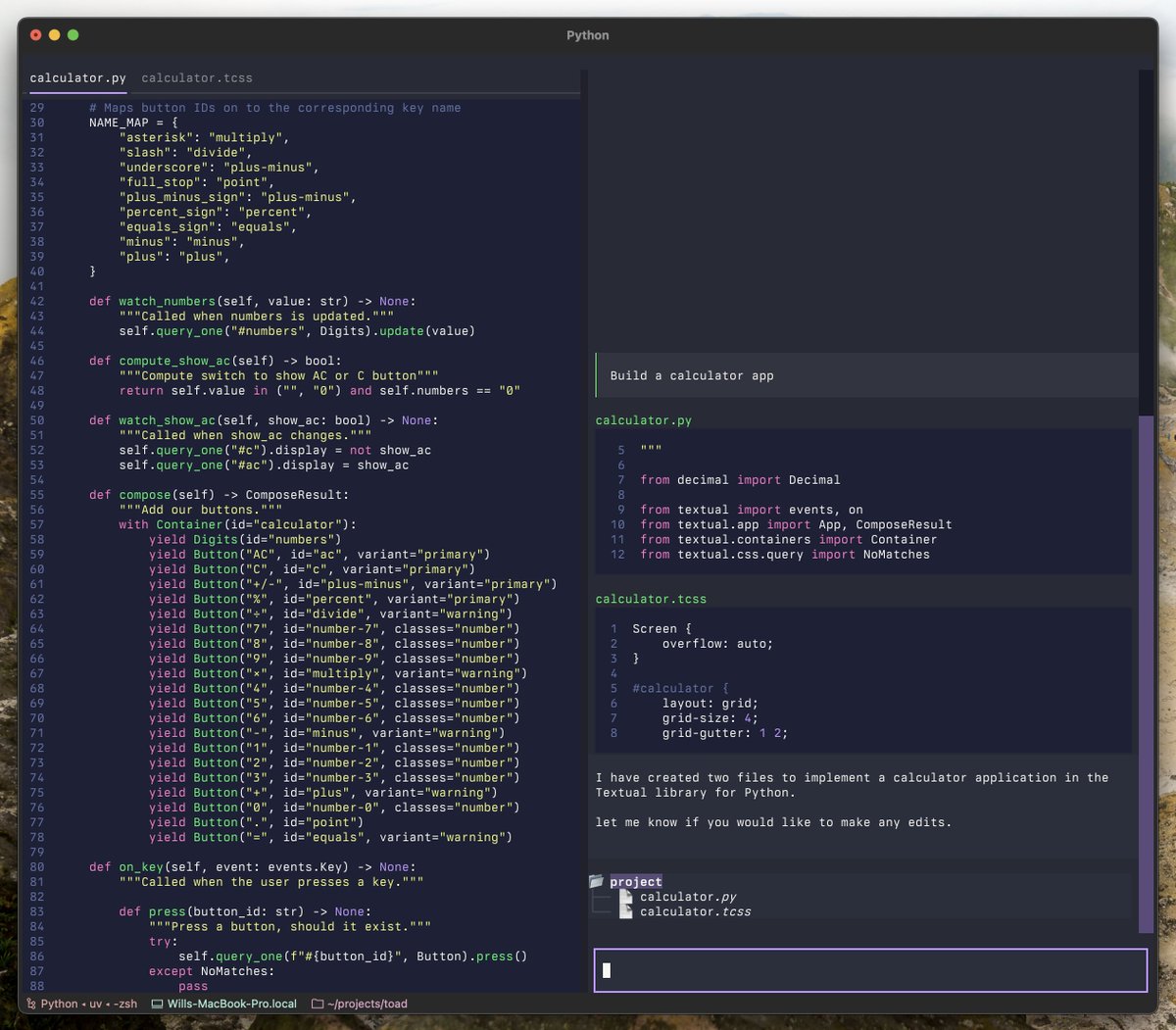 willmcgugan's tweet image. A little more work on Toad. 🐸
It's been fun, but I'm going to put it to bed until I figure out where to take it from here.
I think I've made my point though. This is the terminal #AI coding experience we deserve.
The future is batrachian!