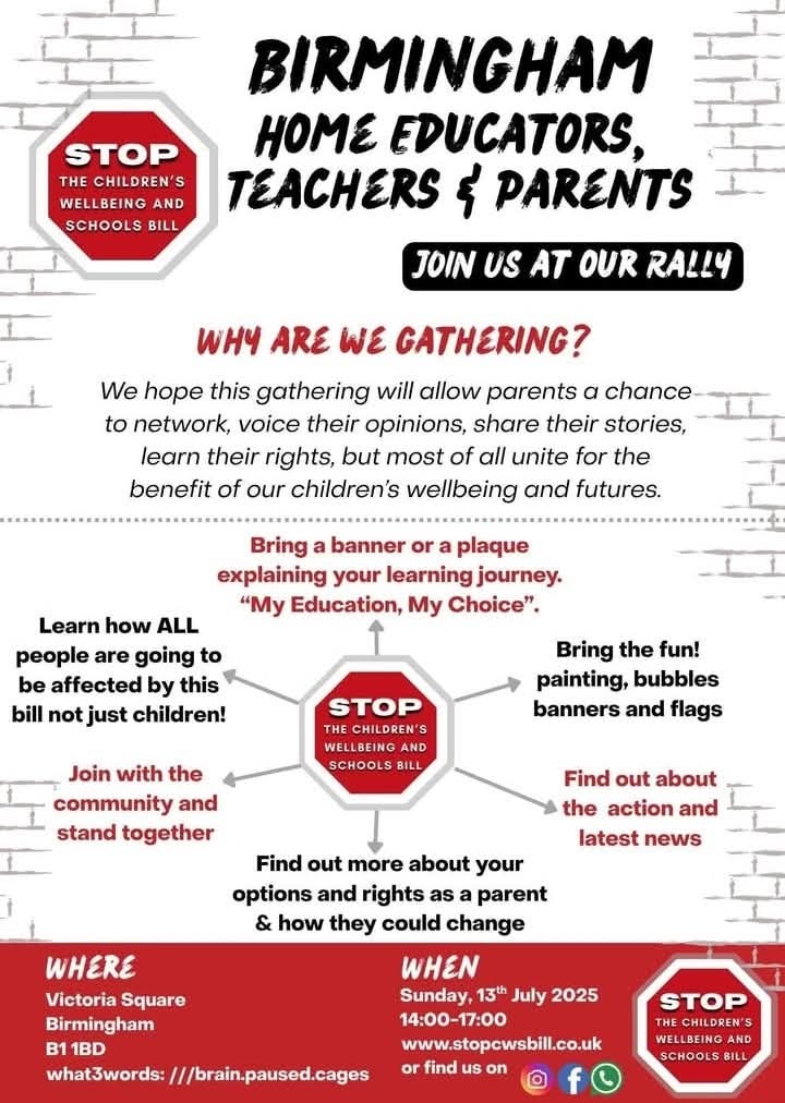 Local protest coming up to stand up for our children's rights.

Stop the Children's Wellbeing and Schools Bill

facebook.com/share/1BNA9sqU…