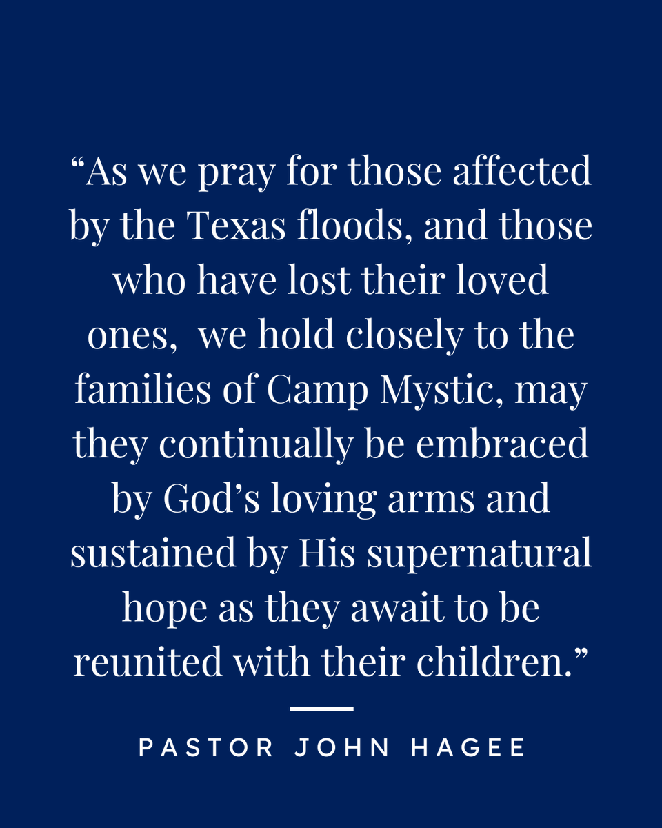 PastorJohnHagee's tweet image. “As we pray for those affected by the Texas floods, and those who have lost their loved ones, we hold closely to the families of Camp Mystic, may they continually be embraced by God’s loving arms and sustained by His supernatural hope as they await to be reunited with their…