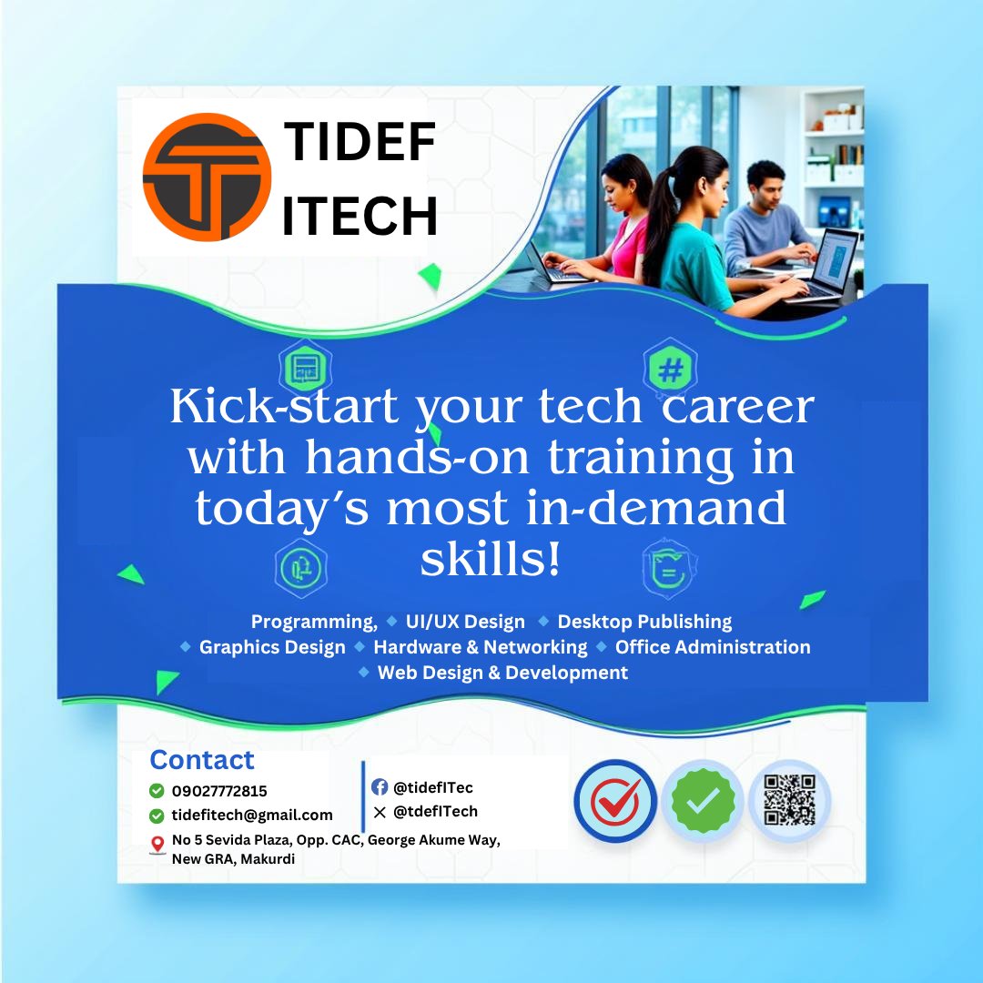 tdefITech's tweet photo. Kick-start your tech career with hands-on training in today’s most in-demand skills!

...and more!
#TechTraining #Tidefitech #LearnTech #Makurdi #GraphicsDesign #WebDevelopment #Programming #Networking #UIUX #OfficeSkills #ITTraining #EnrollNow https://t.co/MelhrXAjW6