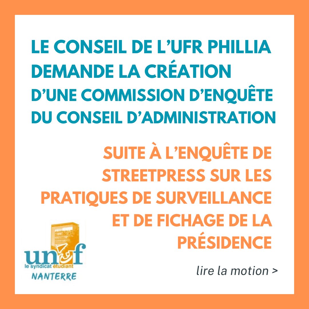 Le conseil d’UFR PHILLIA demande la mise en place d’une commission d’enquête du CA suite aux révélations de Streetpress ! 🔥

« Le conseil d'UFR PHILLIA appuie la demande de mise en place d'une commission d'enquête du conseil d'administration pour faire la lumière sur les faits