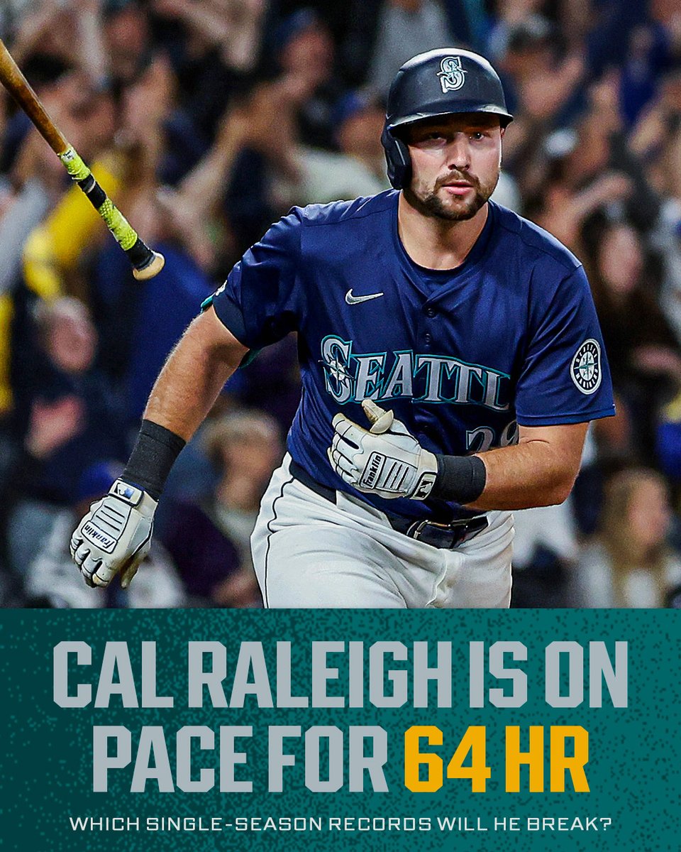 Cal Raleigh's historic season continues 👀

Here are some of the records he is chasing:
Most home runs in a season in the American League: Aaron Judge (62)
Most home runs in a season by a Mariners player: Ken Griffey Jr. (56)
Most home runs in a season by a switch-hitter: Mickey