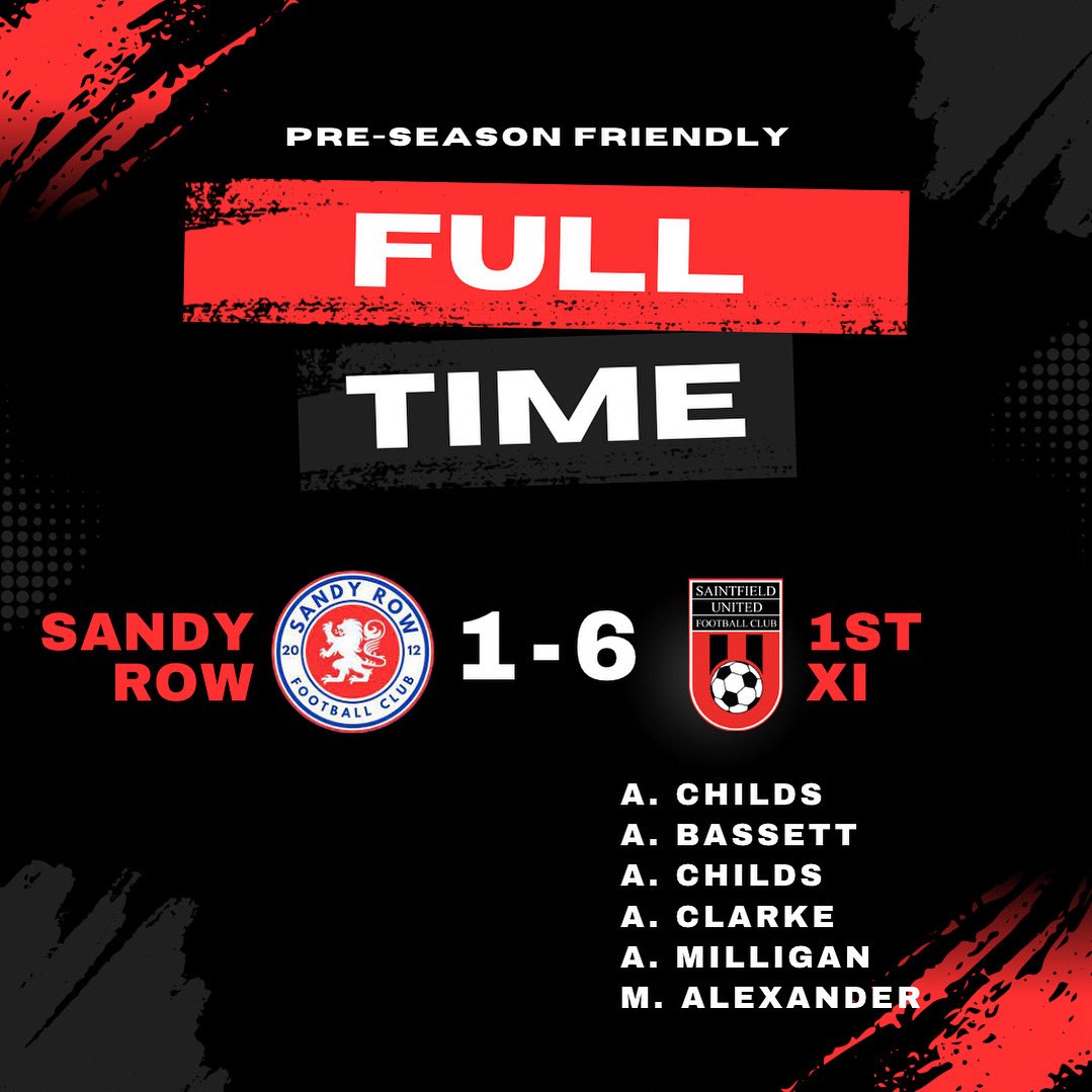 🔴⚫️⚽️ MATCH RESULT ⚽️⚫️🔴

Pre-Season Friendly
Sandy Row 1-6 1st XI

⚽️ A. Childs
⚽️ A. Bassett
⚽️ A. Childs
⚽️ A. Clarke
⚽️ A. Milligan
⚽️ M. Alexander

#preseason #saints #saintsahead
🔴⚫️⚽️🔴⚫️⚽️🔴⚫️⚽️🔴⚫️