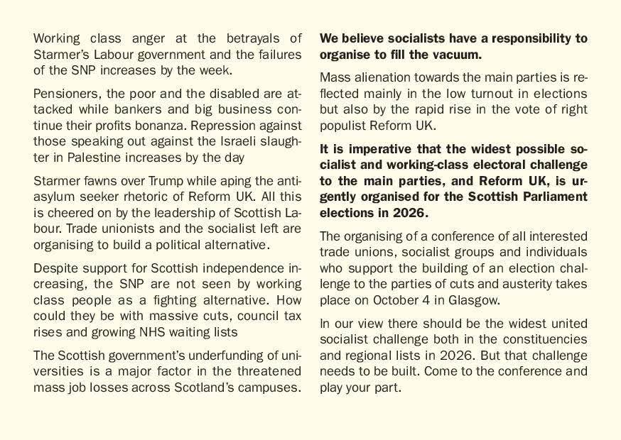 ScottishTUSC's tweet image. After Jeremy Corbyn and Zarah Sultana announce that they will build a new electoral alternative, Scottish TUSC urges all who want to see a working class and socialist election challenge to come to the conference on Sat Oct 4th.
To get involved email: scottishtusc@gmail.com