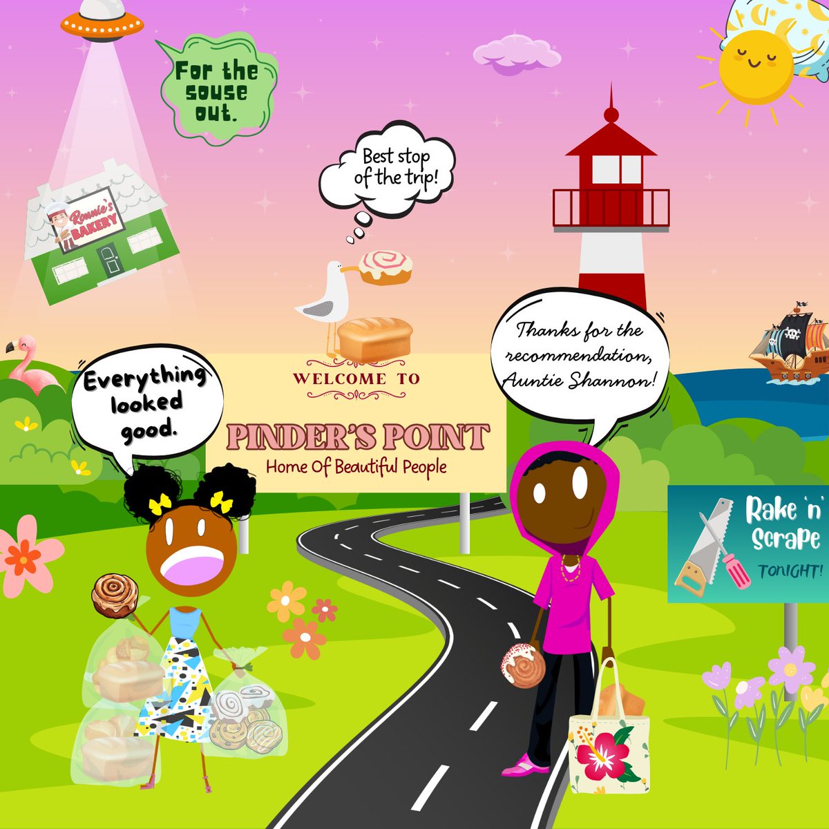 Getting an early start with their unexpected free day in Grand Bahama! 

Good thing Ubby, Beryl, and Mr. Seagull headed over to the bakery in Pinder’s Point at first light! 

Where else should they visit today? 

#BCT3 #BahamianCitizenshipTest
