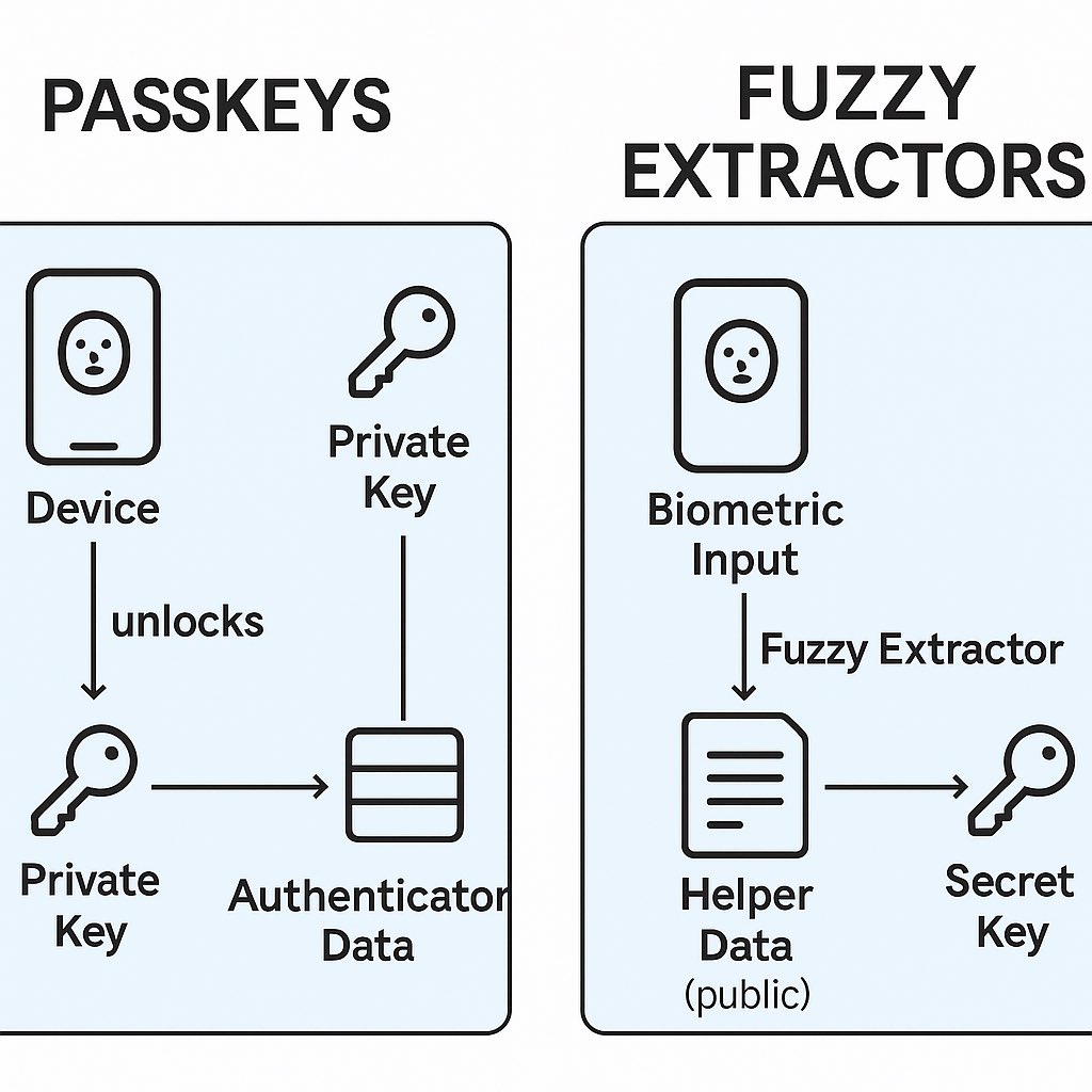 Biometric login, Passkeys Vs Fuzzy extractors. An ELI5 tweet.

With passkeys (like FaceID + WebAuthn):
- Your phone makes a super strong secret key 🔑, completely random unrelated to your biometric
- Your face/fingerprint never leaves the device
- Biometric just unlocks the
