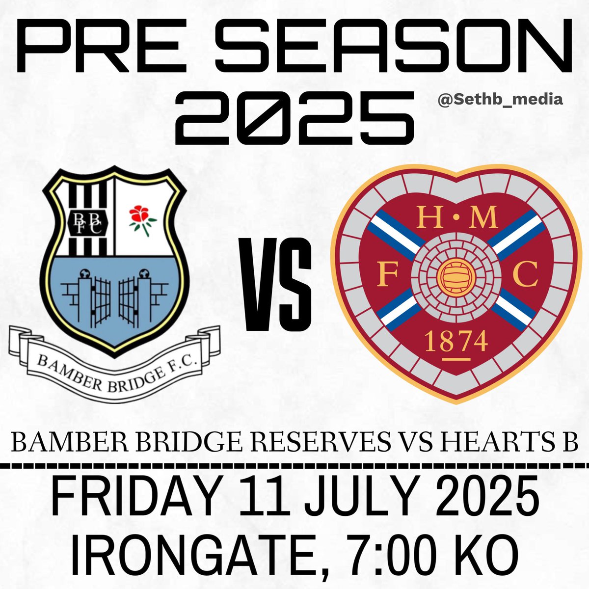 📆 One for the calendar

We’re delighted to once again be hosting the <a href="/WeeJambos/">The Hearts Academy</a>, as they face <a href="/Bamberbridgeres/">Bamber Bridge FC Reserves</a> 

🗓️ Friday 11th July
🕒 7:00pm
📍SFC Stadium

Further details to follow. 

#UpTheBrig