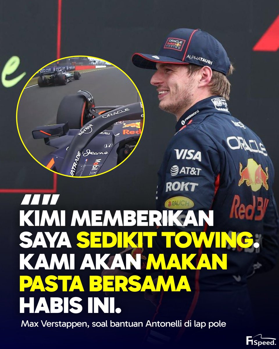 f1speed_indo's tweet photo. 🚨 Max Verstappen akui kalau dia mendapatkan sedikit bantuan towing dari Kimi Antonelli pada lap yang mengantarkannya pole position GP Inggris.

Dengan nada bercanda, Max bilang kalau dia makan pasta bersama Kimi setelah kualifikasi sebagai tanda terima kasih. Apalagi mengingat insiden keduanya di GP Austria pekan lalu.

Verstappen bahkan sejatinya dapat bantuan dua kali towing tipis-tipis dari duo Mercedes pada pole-lap nya tadi.

Pertama dari George Russell di lurusan start-finis, lalu kedua dari Antonelli di exit Copse.

👀👀