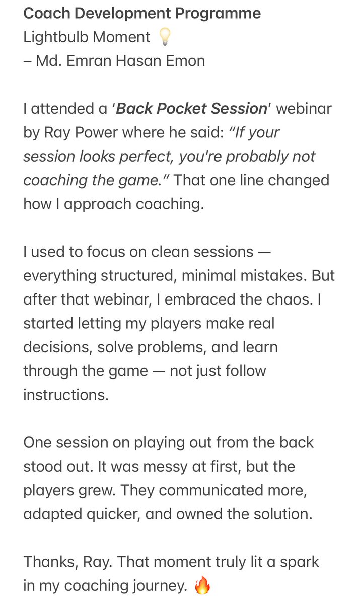 power_ray's tweet image. Emran, who works for the Bangladesh Football Federation 🇧🇩 

Talks about structured “clean” coaching sessions vs embracing the chaos of the game 

#CoachDevelopmentProgramme 

6/14