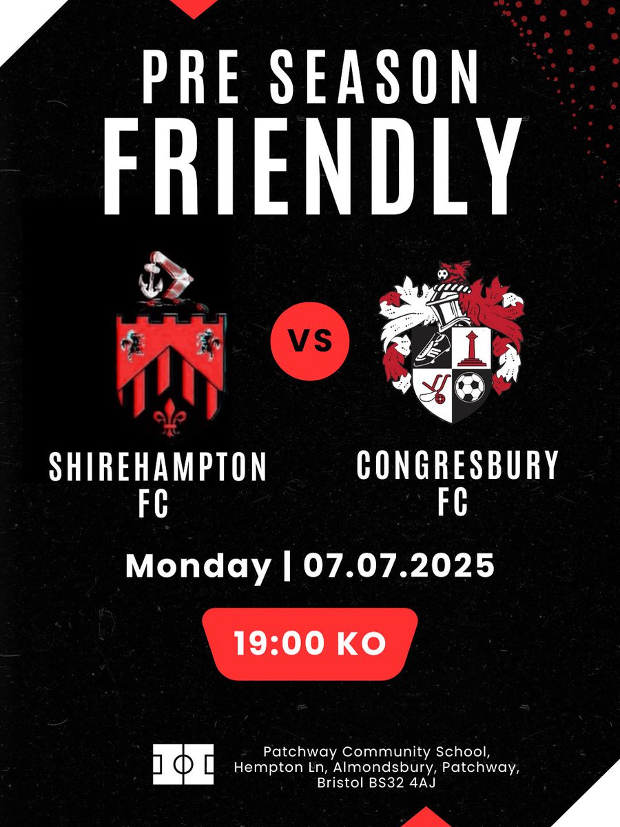Congresbury FC (@congresburyfc) on Twitter photo Our second pre season game of the season is on Monday night, against a tough opposition.. <a href="/OfficialShireFC/">Shirehampton FC 🔴☠️</a> 1st!
This will be a great test for the lads.
UTB 🔴⚫️ Our second pre season game of the season is on Monday night, against a tough opposition.. <a href="/OfficialShireFC/">Shirehampton FC 🔴☠️</a> 1st!
This will be a great test for the lads.
UTB 🔴⚫️