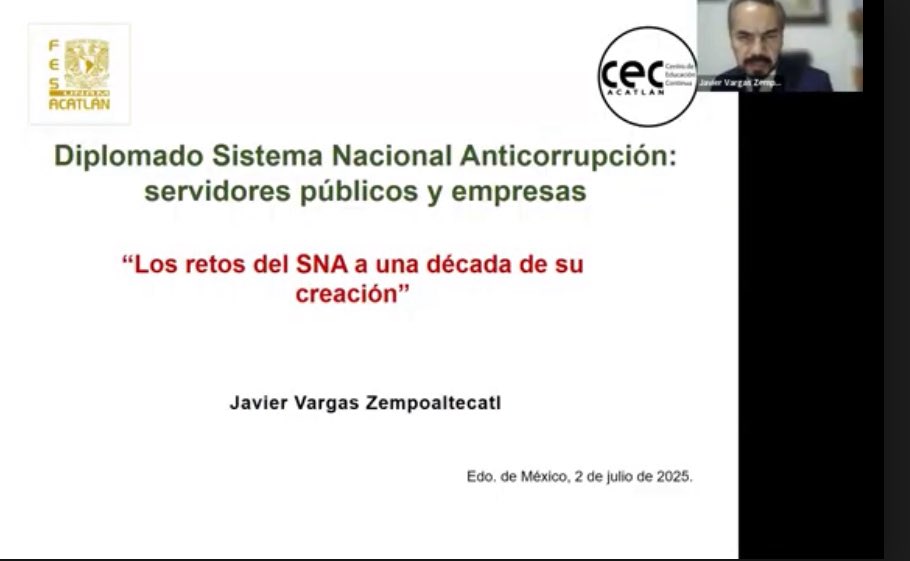 Muy agradecido con el <a href="/CEC_FES_ACATLAN/">Centro de Educación Continua FES Acatlán</a> por la invitación a participar en el Diplomado Sistema Nacional Anticorrupción: servidores públicos y empresas, con el tema “Los retos del SNA a una década de su creación”.
Un honor poder colaborar con mi Alma Mater, la <a href="/FES_ACATLAN/">FES ACATLÁN - UNAM</a>