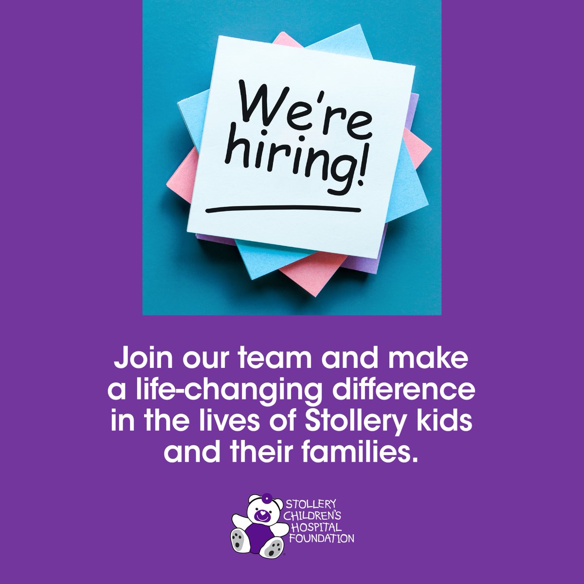 Join our team and make a life-changing difference in the lives of Stollery kids and their families. 💜

We're now hiring for the following positions:
• Event Co-ordinator
• Event Specialist
• Development Officer, Sponsorship

Learn more and apply here: StolleryKids.com/get-involved/c…