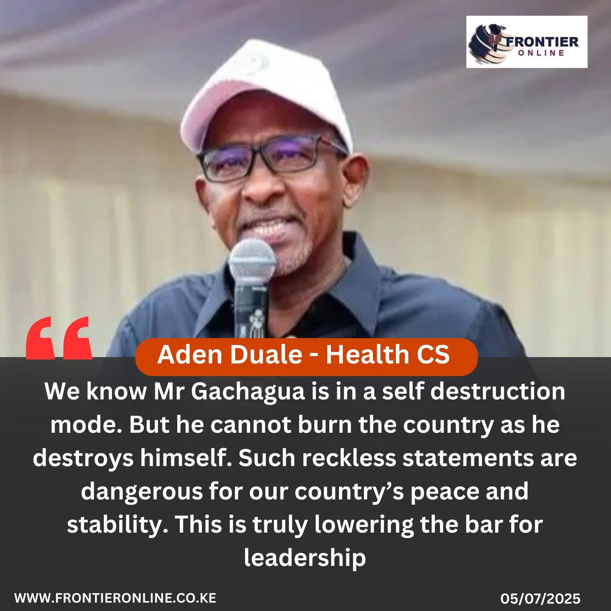 Health Cabinet Secretary Aden Duale has strongly criticized former Deputy President Rigathi Gachagua for making what he termed as "reckless and harmful" statements against President William Ruto. 

Duale accused Gachagua of inciting division in the Mt Kenya region and warned that