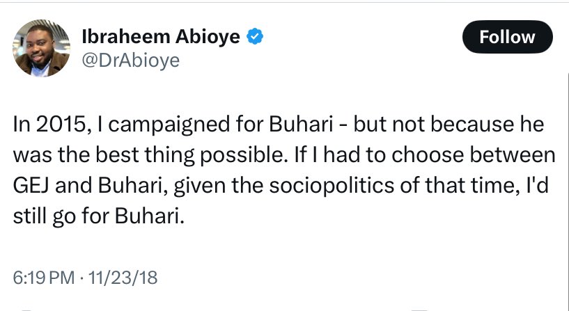 bin_gbada's tweet image. Of course. 

Your thought process is warped. If you at any point chose Buhari over Johnathan, no one should listen to anything you have to say.