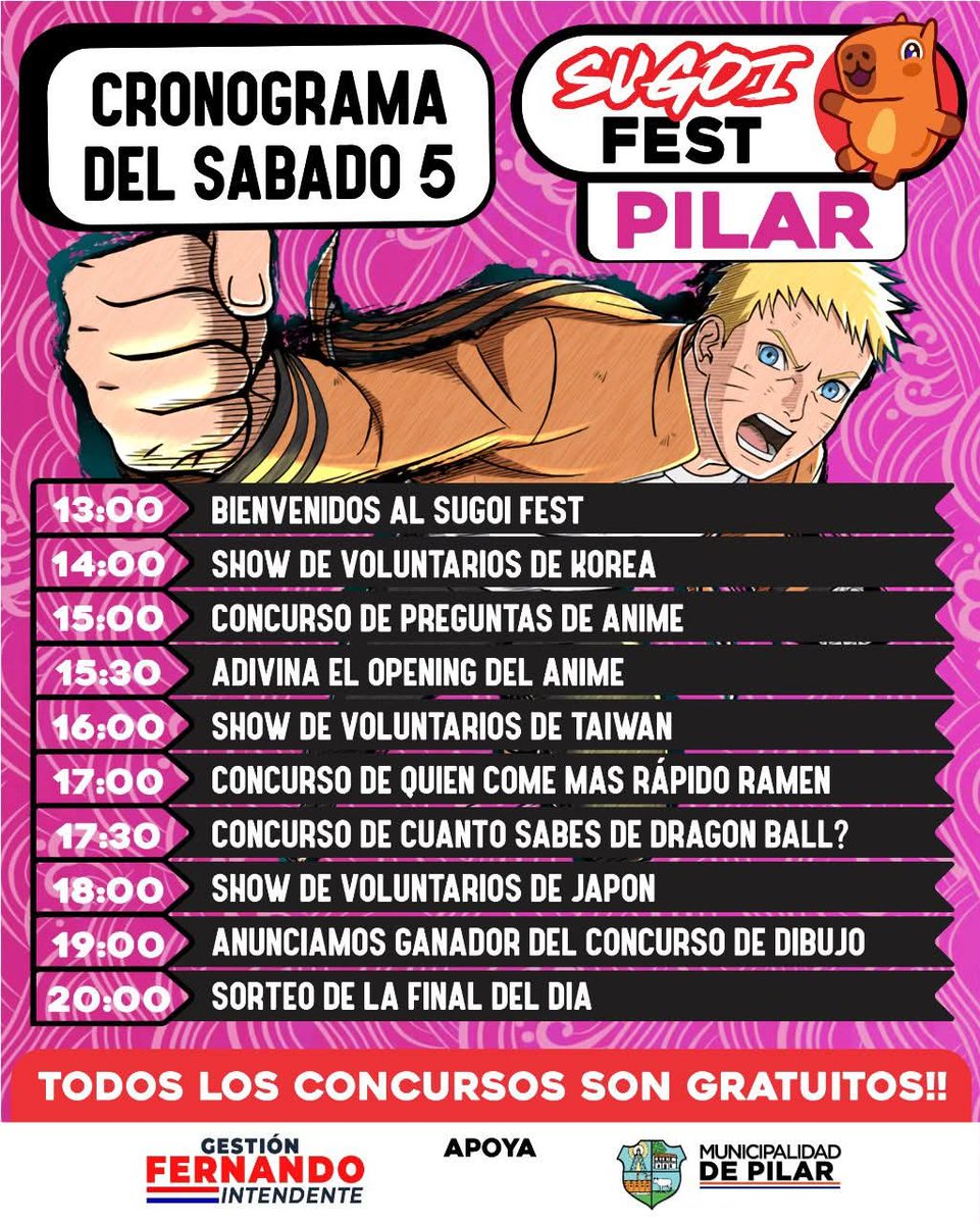 👉 Te compartimos el cronograma de actividades del #SugoiFest para hoy sábado 05 de julio 👌😀 Te esperamos a partir de las 13:00 hs en el Polideportivo Municipal "Roberto Cabañas"! 🙌