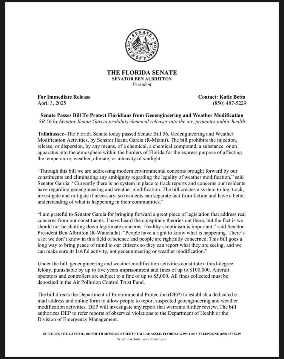Melchizedek 🐭 (@melchizedek1972) on Twitter photo <a href="/GenFlynn/">General Mike Flynn</a> WEST PALM BEACH, Fla. (CBS12) — Florida Governor Ron DeSantis signed Senate Bill 56 into law on June 20, imposing penalties of up to five years in prison and $100,000 in fines for anyone attempting geoengineering or weather modification, including cloud seeding.
The bill, <a href="/GenFlynn/">General Mike Flynn</a> WEST PALM BEACH, Fla. (CBS12) — Florida Governor Ron DeSantis signed Senate Bill 56 into law on June 20, imposing penalties of up to five years in prison and $100,000 in fines for anyone attempting geoengineering or weather modification, including cloud seeding.
The bill,