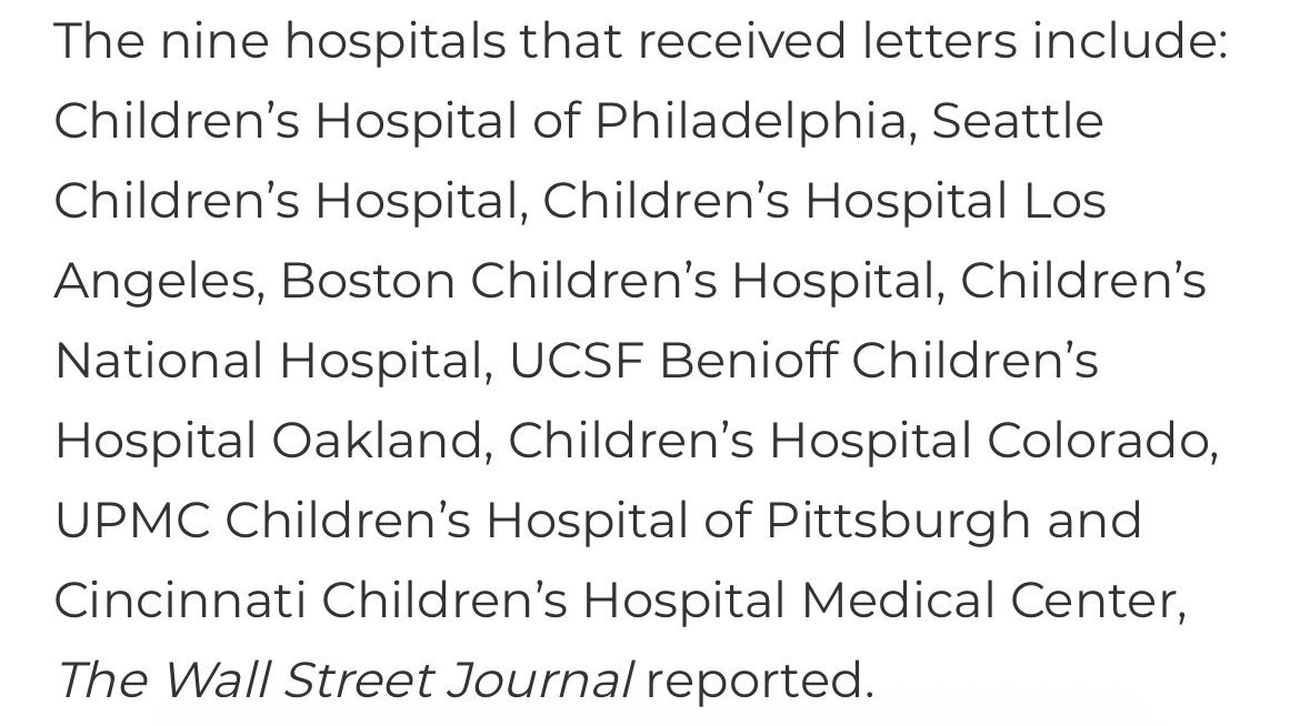 This is the list of children’s hospitals that received a letter from the tr*mp admin re their GAC programs &amp; the threat of pulling federal $ if they don’t shut down. These places care for &gt;&gt; of our sickest kids &amp; rely on fed $/Medicaid to survive. These are your kids &amp; neighbors.