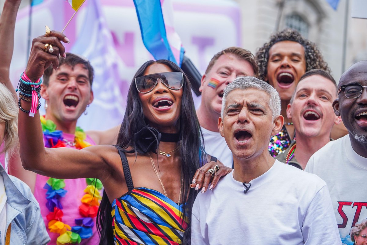 Naomi Campbell and London Mayor Sadiq Khan take part in the pride parade that brings together 500 groups, including LGBTQ+ community organizations, businesses, and partners, marching in solidarity to celebrate diversity and equality.
Image ID: 3BP0XP9/Amer Ghazzal/Alamy Live News