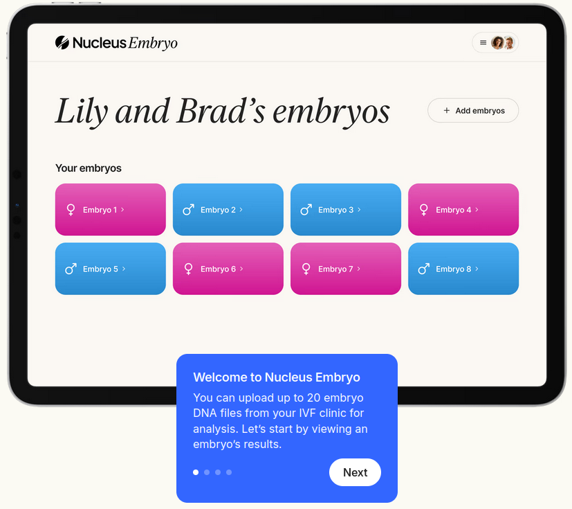danmcquillan's tweet image. "Nucleus gave us a report on which embryos were likely ...to grow into adults with above average cognitive abilities".
The dashboard allows you to deselect an embryo with alleged genome indicators including ADHD, OCD, osteoarthritis, male-pattern baldness &amp;amp; allergies #eugenics
