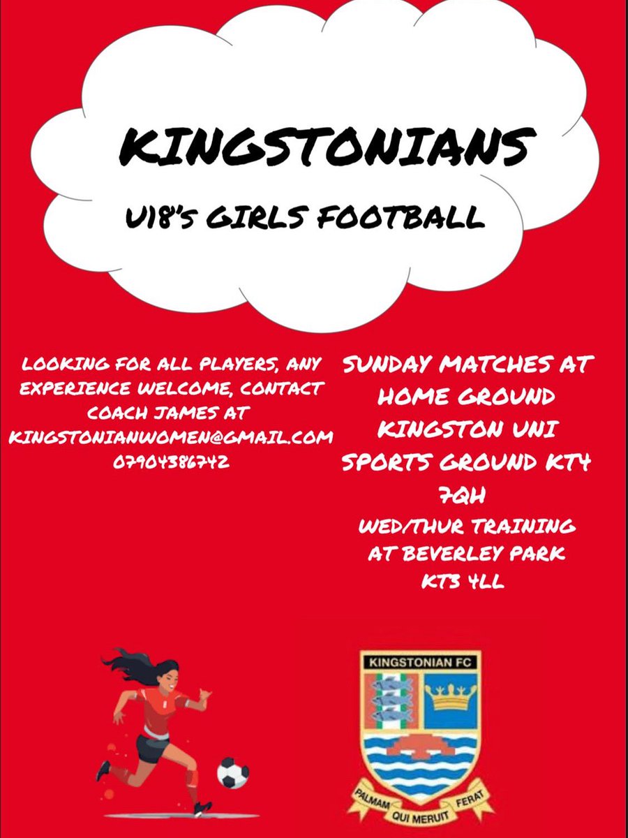 Kingstonian Ladies FC (@ksladiesfc) on Twitter photo Players still needed for our U18s Women’s side. Please DM use for more information <a href="/SCWGL/">Surrey County Womens & Girls League 🙋♀️</a> <a href="/SurreySchoolsfa/">Surrey Schools FA</a> #Sundayfootball #U18g #london #Surrey Players still needed for our U18s Women’s side. Please DM use for more information <a href="/SCWGL/">Surrey County Womens & Girls League 🙋♀️</a> <a href="/SurreySchoolsfa/">Surrey Schools FA</a> #Sundayfootball #U18g #london #Surrey