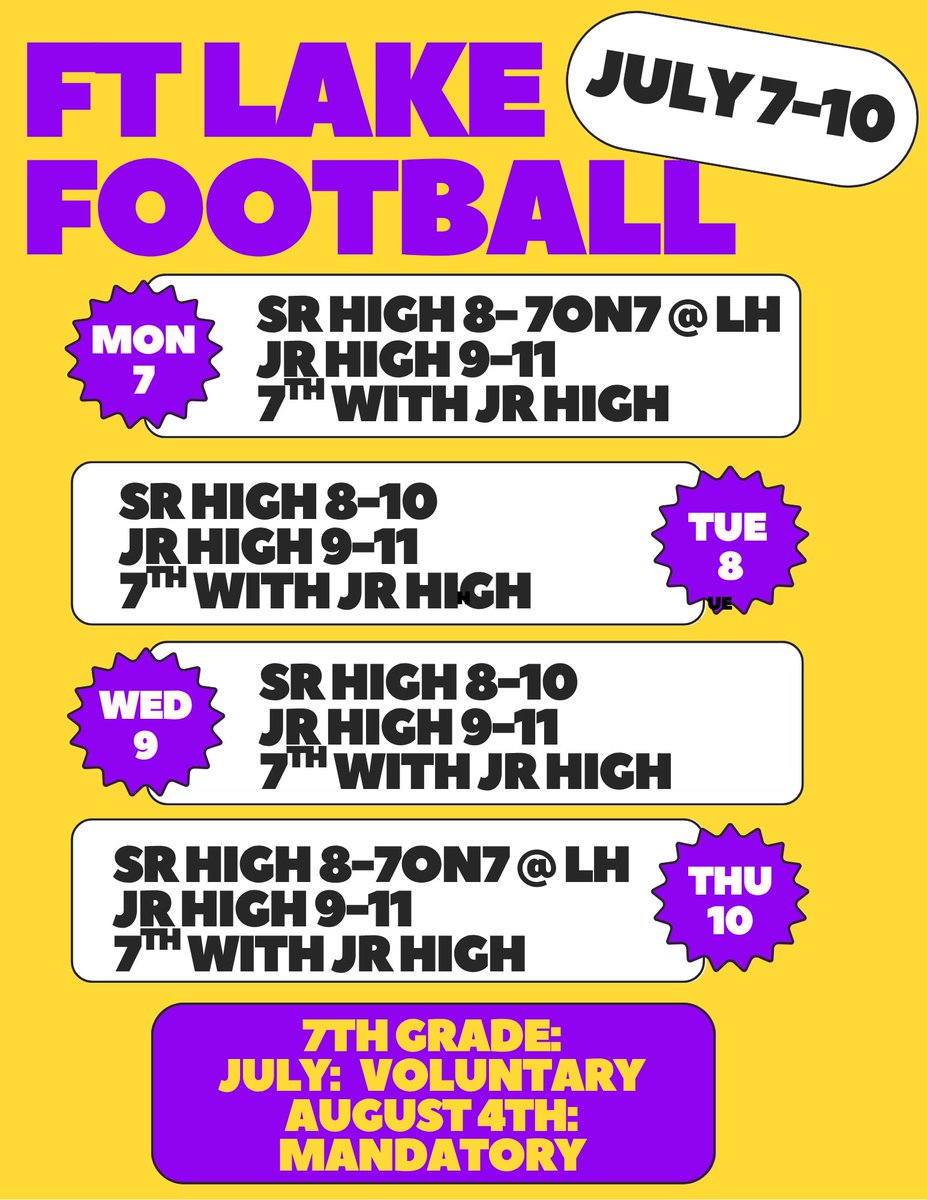 Ft Lake Football
July 7-10 
##STANDARD