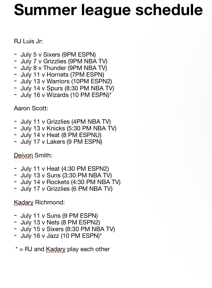 The complete schedule of when Deivon Smith, Aaron Scott, RJ Luis, and Kadary Richmond play during summer league. #SJUBB
