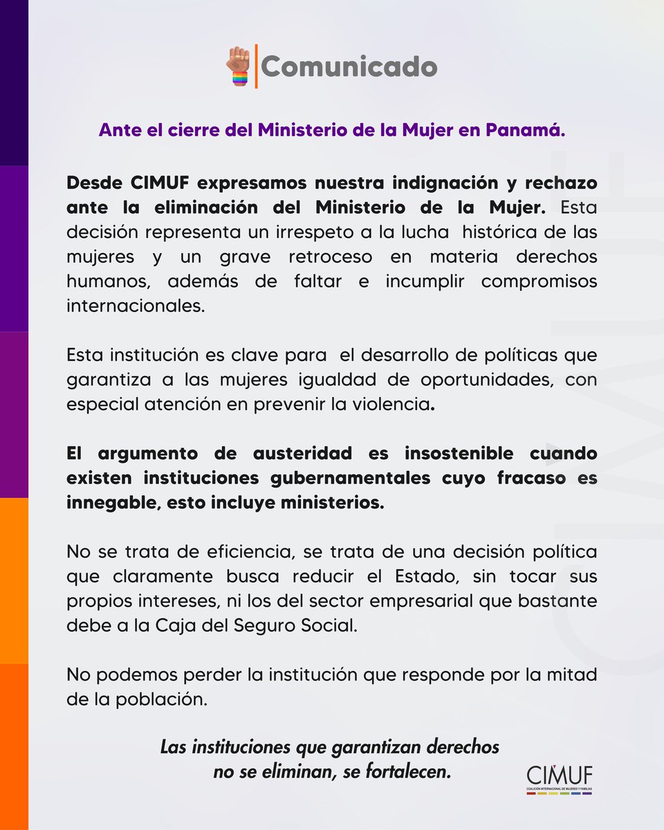 Desde CIMUF rechazamos la eliminación del Ministerio de la Mujer. No es austeridad, es violencia política. Mientras otras instituciones cuestionadas siguen intactas, se desmantela un Ministerio  clave para los derechos de las mujeres.
📣 No al retroceso.
👇🏽 Comunicado completo: