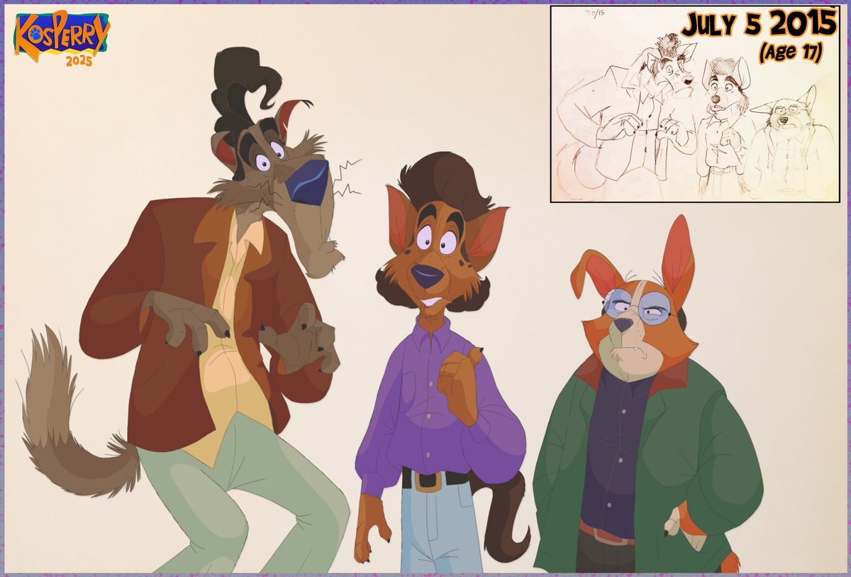 Kosperry's tweet image. Here's a few redraws of some of the earliest sketches I had done of George, Kramer, and Jerry- originally drawn June 19th, 2015 & July 5th, 2015! 🐾