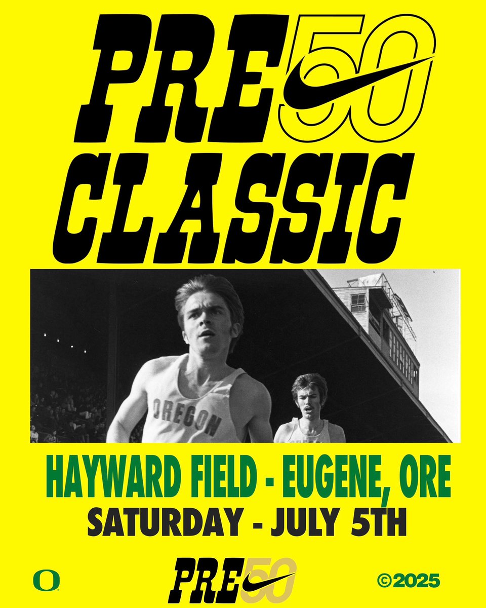 OregonTF's tweet image. The Ducks will be well represented during Saturday’s @nikepreclassic at Hayward Field.
UO schedule 👉 bit.ly/4lxYJNO
Competition starts at 10 a.m. with the NBC + Peacock broadcast window starting at 1 p.m.
#GoDucks x #Pre50