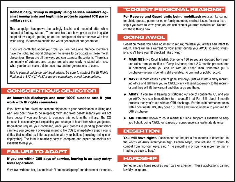 EmpireFiles's tweet image. HOW TO GET OUT OF THE U.S. MILITARY NOW
Fact sheet & downloadable brochure to distribute to service members by @EyesLeftPod :: open.substack.com/pub/empirefile…